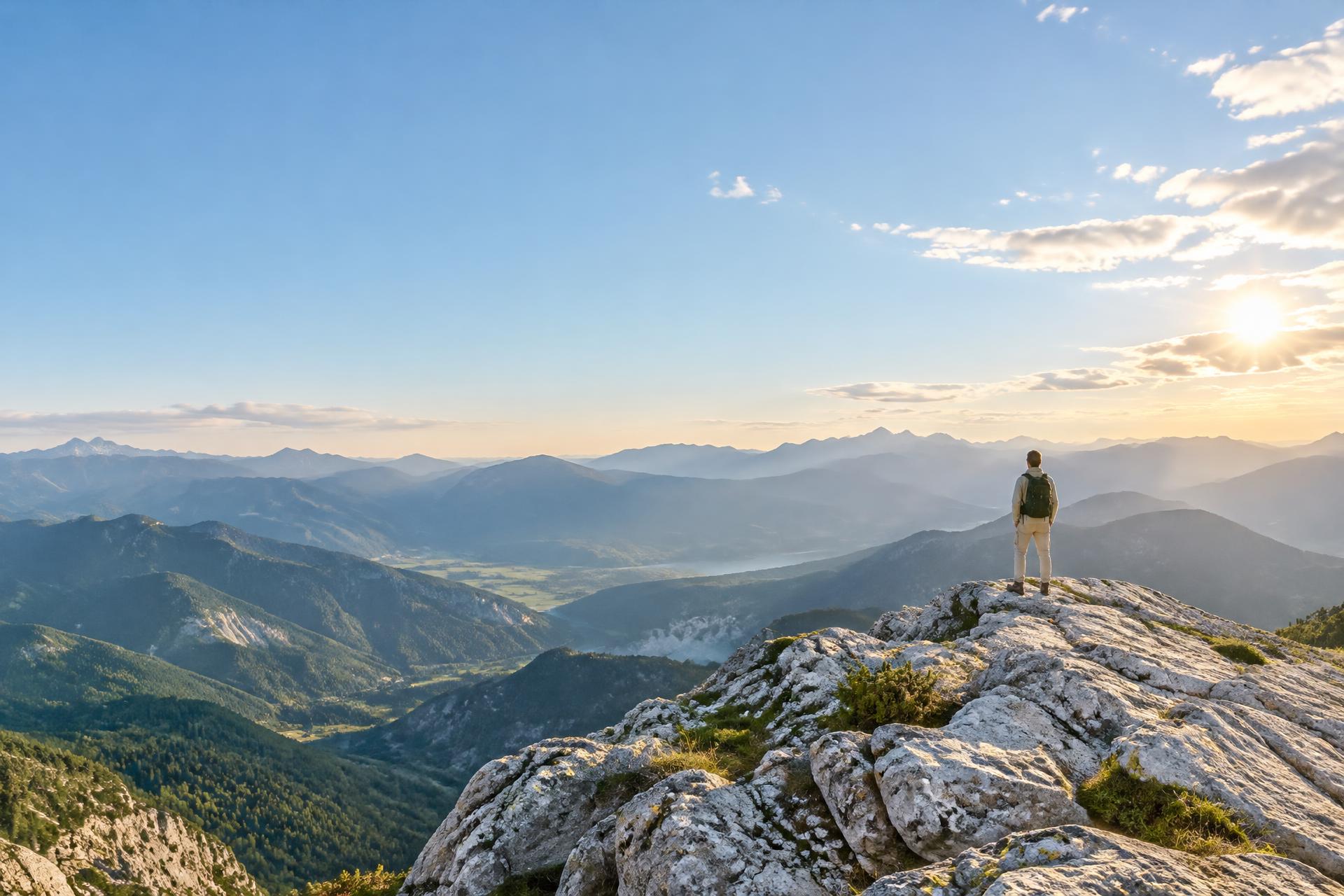 One person standing on a mountain summit, looking toward a luminous sunlit horizon